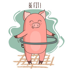 Cute cartoon pig exercising with hula hoop. Vector fitness illustration.