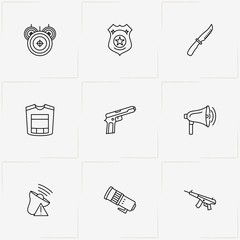 Police line icon set with target, sub machine gun  and knife