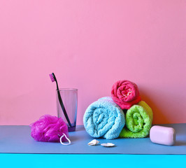 Obraz na płótnie Canvas Set accessories for shower, bathroom, washing, washcloth, soap, toothbrush, towels
