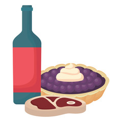 picnic food design with wine bottle with sweet pie and meat steak over white background, vector illustration