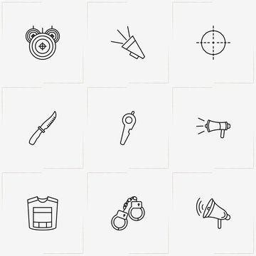 Police line icon set with handcuffs, flack jacket and target