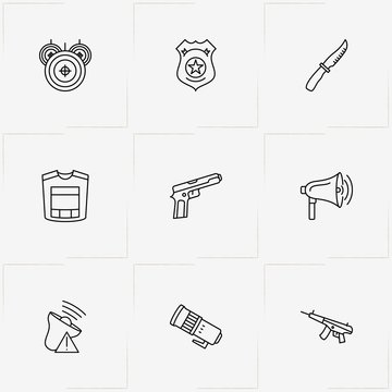 Police line icon set with target, sub machine gun  and knife
