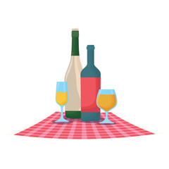 picnic tablecloth and wine and champagne bottle over white background, vector illustration