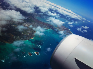 Beautiful view from airplane on approach to Oahu, Hawaii