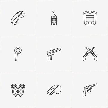 Police line icon set with target, whistle and police gas mask