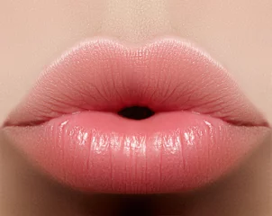 Poster Closeup kiss natural lip makeup. Beautiful plump full lips on female face. Clean skin, fresh make-up. Spa tender lips © marinafrost