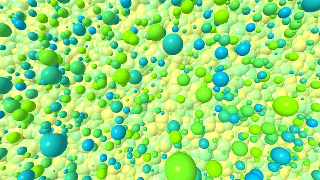 3D animated video with balls and bubbles 4K. Cartoon with blue and green circles on a yellow background in pastel colors of bubbles with highlights, in free movement.