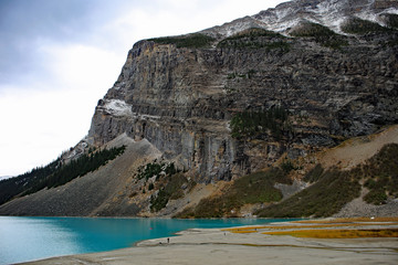 Scenic view on Mount Fairview and turquoise Lake Louise from trail to the Plain of Six Glaciers in Banff National Park, Alberta, Canada.