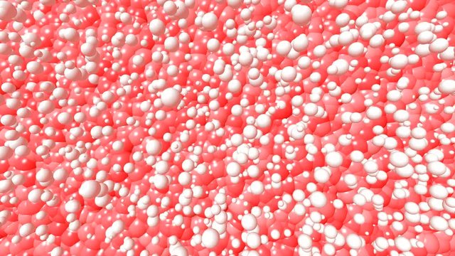 3D animated video with balls and bubbles 4K. Cartoon with red and white circles on a pink background in pastel colors from bubbles with highlights, in free movement.