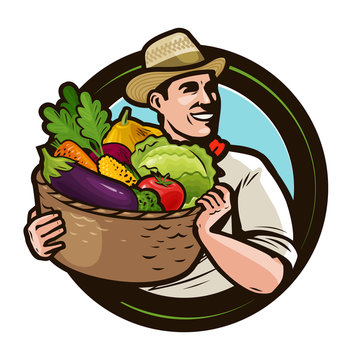 Farmer with a basket full of fresh vegetables. Agriculture, farming concept. Cartoon vector illustration