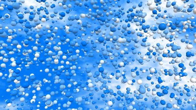 3D animated video with balls and bubbles 4K. Cartoon with blue and white circles on a plasma color background in free movement.