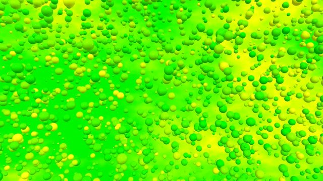3D animated video with balls and bubbles 4K. Cartoon with green and yellow circles on a plasma color background in free movement.