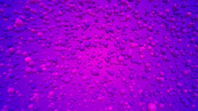3D animated video with balls and bubbles 4K. Cartoon with blue and purple circles on a multicolored background in free movement.