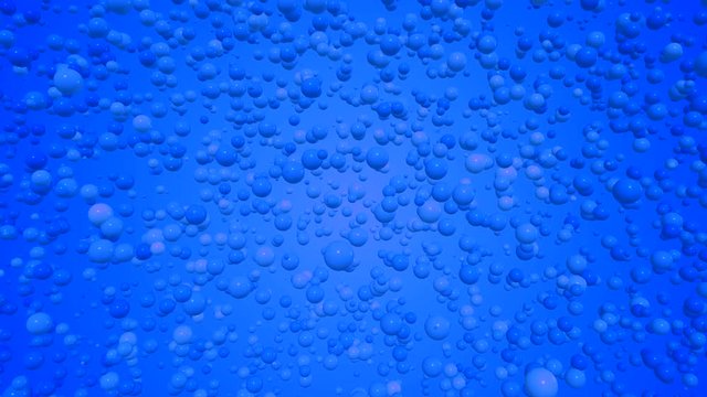 3D animated video with balls and bubbles 4K. Cartoon with blue circles on a blue background in free movement.