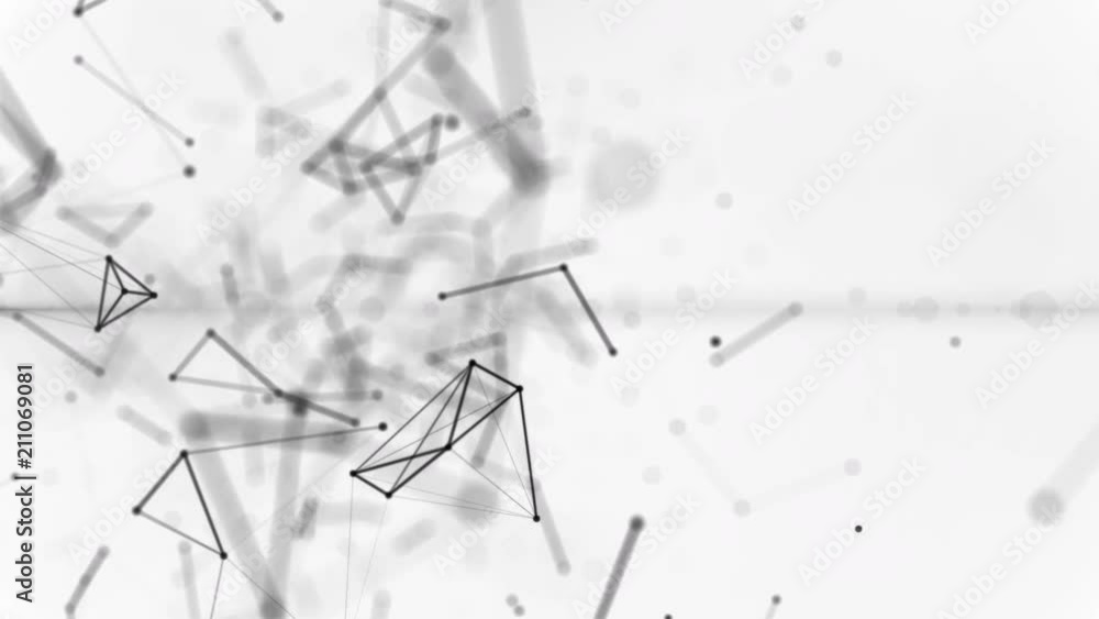 Poster white geometrical background with moving particles black lines and dots. looping cg animation good f