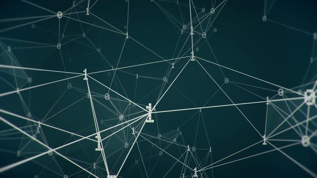 Network of binary digits moving horizontally on blue background loop