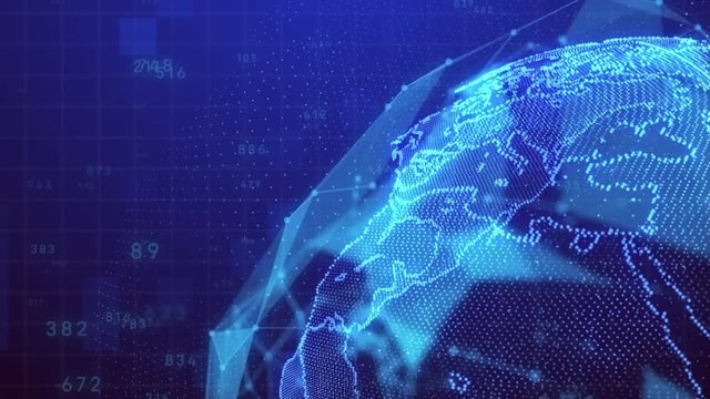 planet earth rotating animation future technology business concept with plexus network and code running