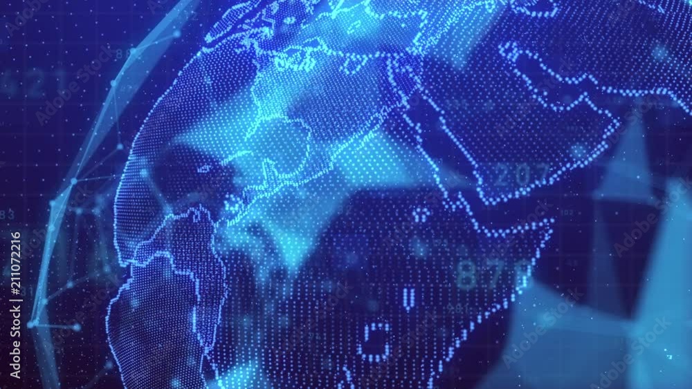 Poster planet earth rotating animation future technology business concept with plexus network and code running