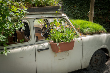 Old car used as decoration in a garden