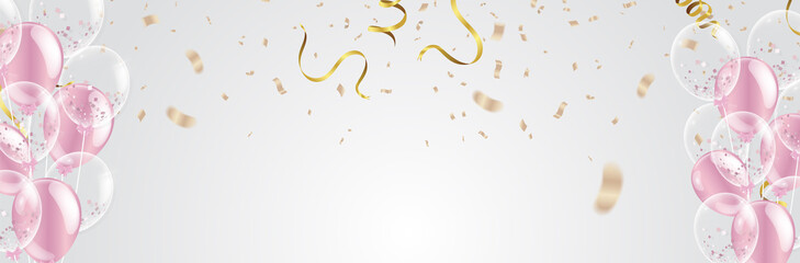 Set of pink, white transparent with confetti helium balloon isolated in the air.for birthday, anniversary, celebration, event design. Vector illustration.