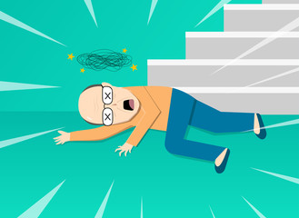 Fainted old man after falling from staircase, art