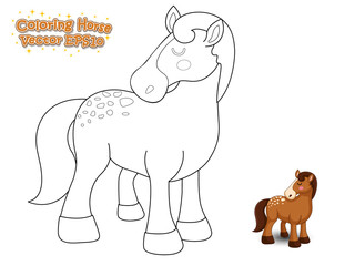 Coloring The Cute Cartoon Horse. Educational Game for Kids. Vector illustration