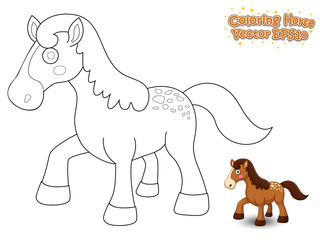 Coloring The Cute Cartoon Horse. Educational Game for Kids. Vector illustration