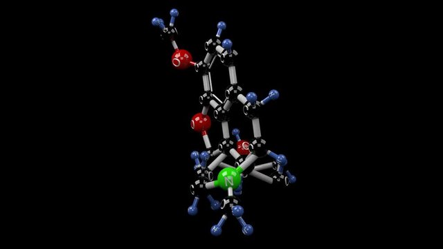 Codeine molecule. Molecular structure of opium poppy alkaloid. Pain treatment. Alpha channel.
