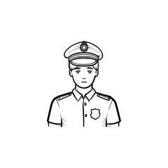 Policeman hand drawn outline doodle icon. Police officer in uniform as authority, power and patrol concept. Vector sketch illustration for print, web, mobile and infographics on white background