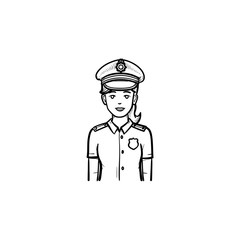 Police woman hand drawn outline doodle icon. Female police officer in uniform as authority and patrol concept. Vector sketch illustration for print, web, mobile and infographics on white background.