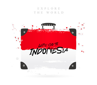 Suitcase with the flag of Indonesia. Lettering