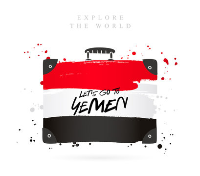Suitcase with the flag of Yemen. Lettering