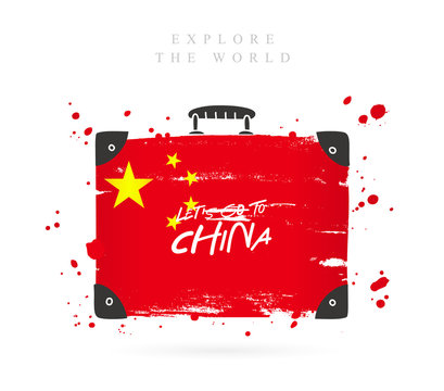 Suitcase with the flag of China. Lettering