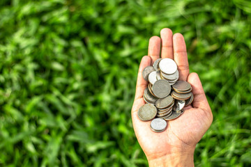 Coins in hands on green grass background . saving money concept. copy space for text