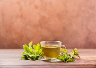 A cup of fresh tea with mint on a dark background. Front view. Copy space.