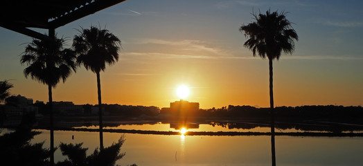 Amazing landscape of the beautiful salt flats during the sunset at Colonia de Sant Jordi, Ses Salines, Mallorca, Spain
