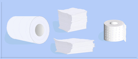 Paper tissue rolls and stacked paper napkins. Hygienic disposables - white kitchen towels, napkins and toilet paper. Set of rolls and stacks. Blue background.