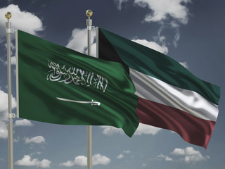 Saudi Arabia flag Kuwait flag Silk waving flags Kingdom of Saudi Arabia KSA with emblem sword and State of Kuwait with a flagpole on a sunny gray blue sky background with white clouds 3D illustration