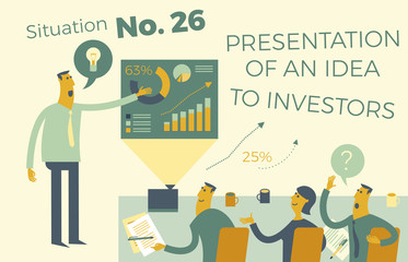Business infographics with illustrations of business situations. A man defends the project in front of an audience. Idea presentation. Report of the startup project for the investor Commission. Flat