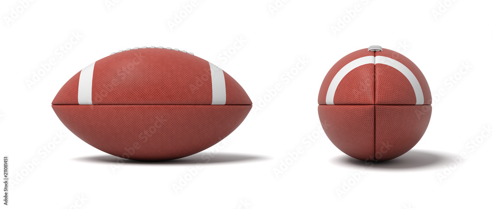 Poster 3d rendering of a two red oval balls for american football in front and side views.