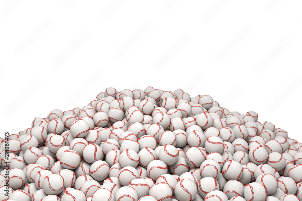 Poster 3d rendering of a huge heap of white baseballs with red stitching on a white background.