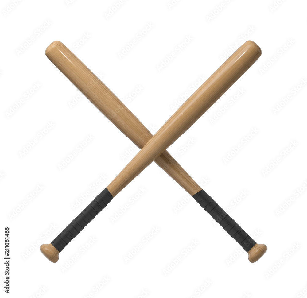 Poster 3d rendering of two wooden baseball bats with handle wraps making a cross shape on a white backgroun