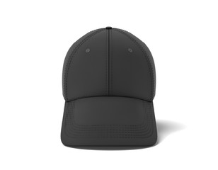 Fototapeta premium 3d rendering of a single black baseball cap hanging vertically on a white background with its visor down.