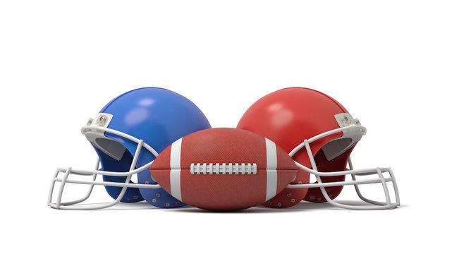 3d rendering of an oval American football ball between two helmets of different colors.