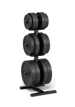 3d rendering of an isolated black rack full of different black barbell weights stored on it.