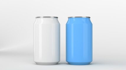 Two small white and blue aluminum soda cans mockup on white background