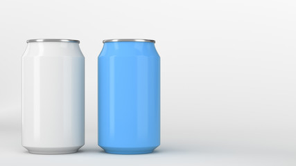 Two small white and blue aluminum soda cans mockup on white background