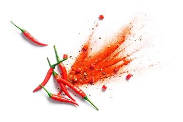 Keuken spatwand met foto Chili, rode pepervlokken en chilipoeder burst © phive2015