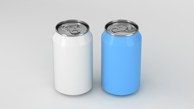 Two small white and blue aluminum soda cans mockup on white background