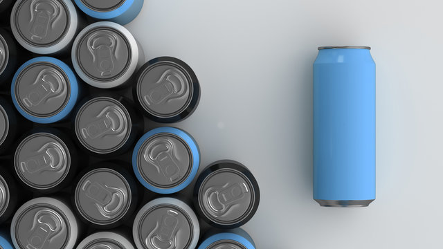 Big black, white and blue soda cans on white background